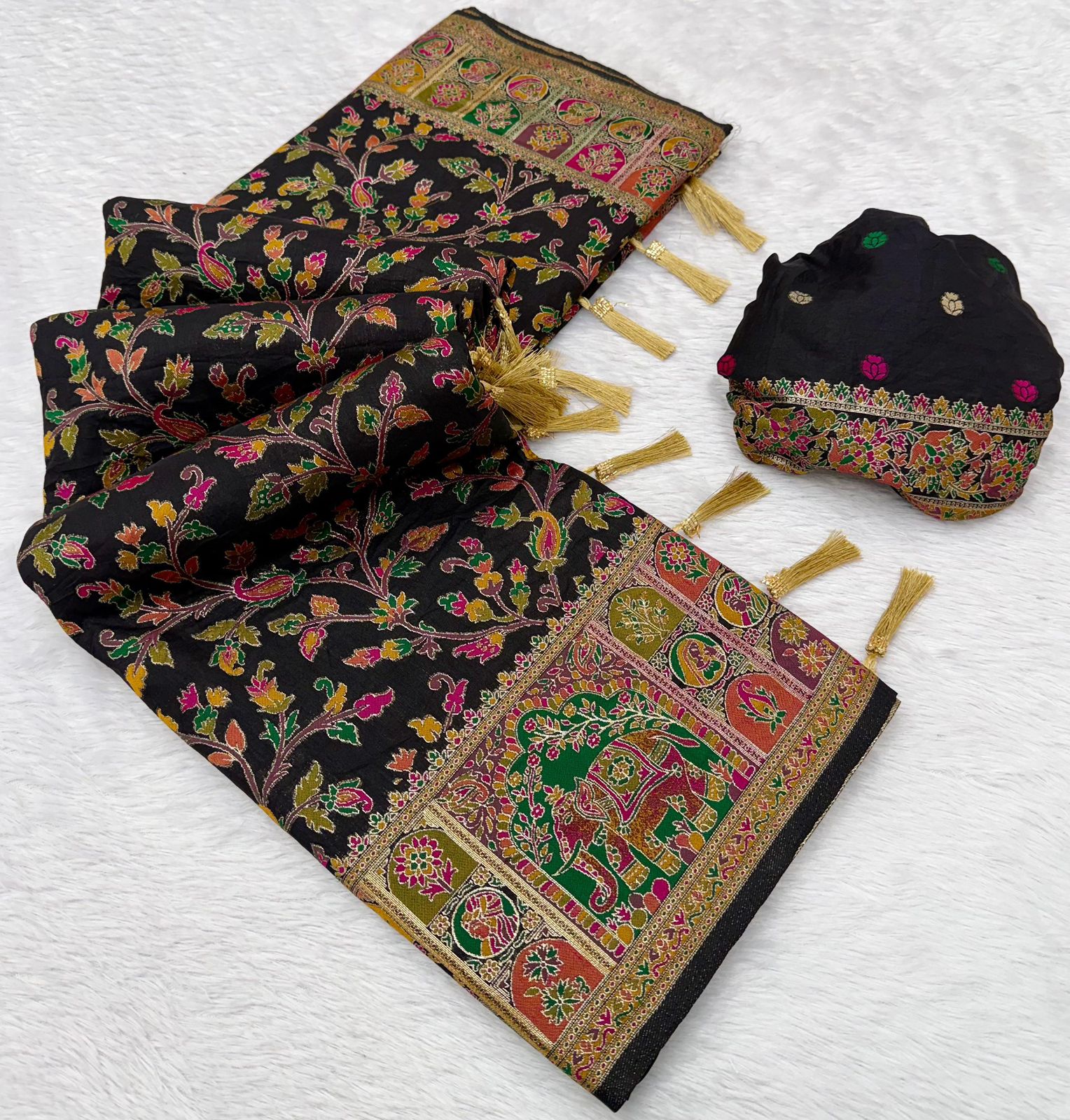 Rajwadi Pashmina Silk Saree with Kashmiri Weaving & Zari Border